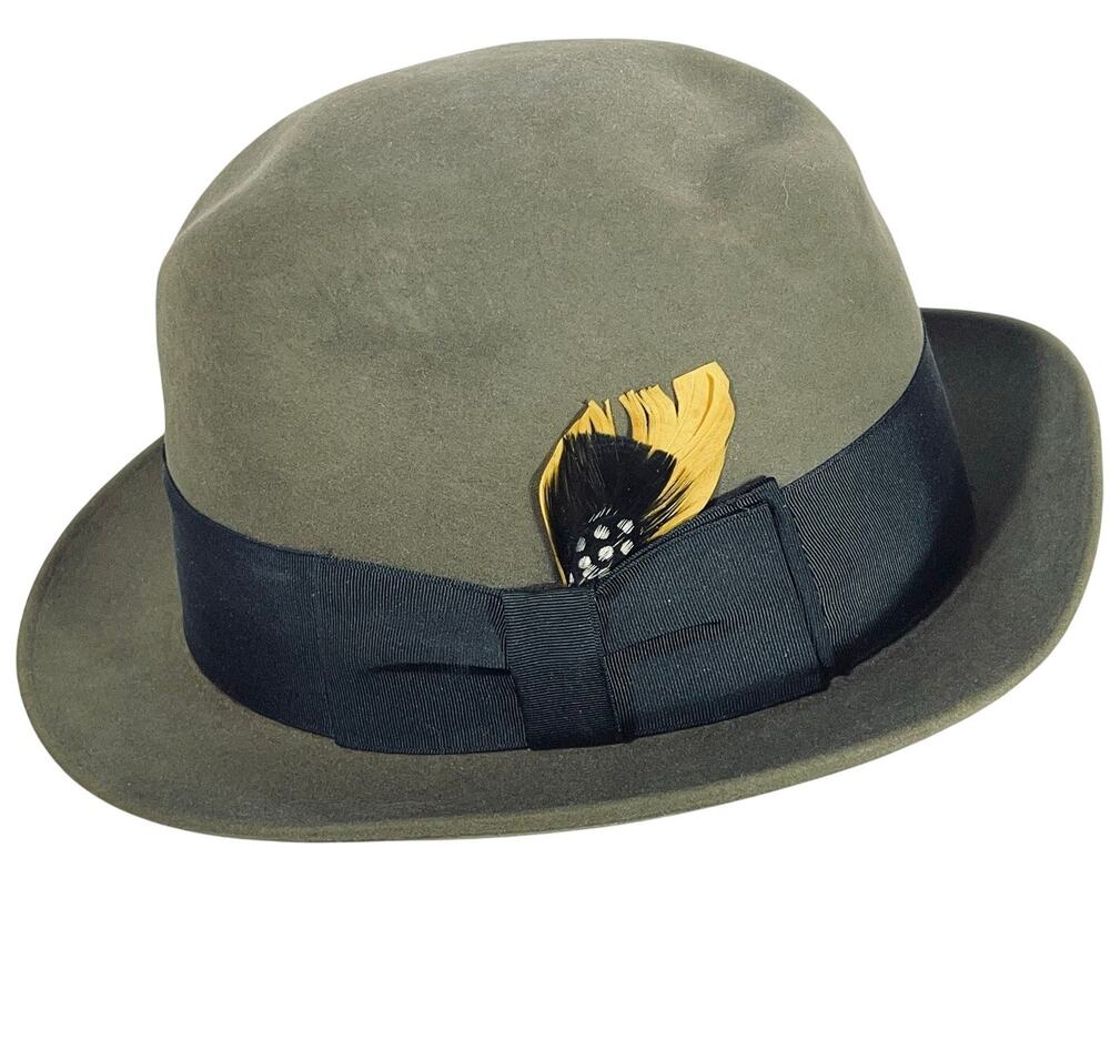 Vintage Dobbs Fifth Avenue Fedora Hat Men Fur Felt Olive Green Feather M-L Cap